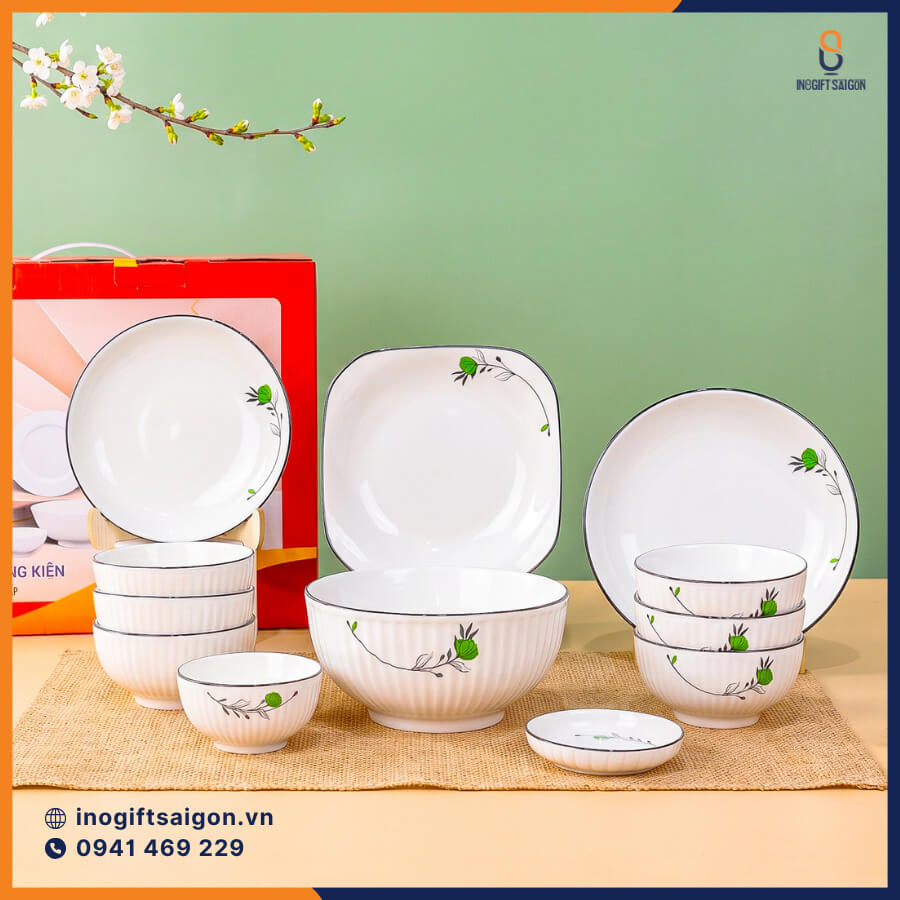 Trọn bộ chén dĩa sứ Trung Kiên cao cấp 12 sản phẩm